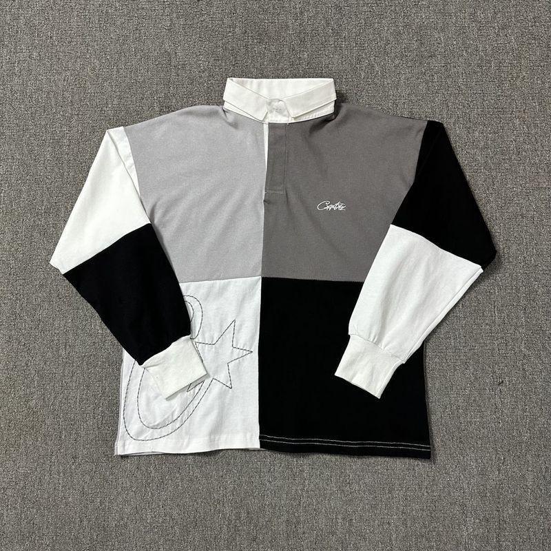 Long Sleeve T Shirt Color Block Embroidery Polo Streetwear Hip Hop Casual Top Young Men