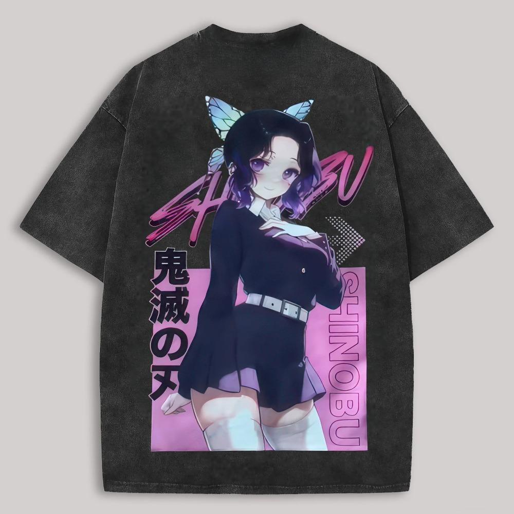 

Футболка с винтажной стиркой и принтом сзади «Клинок, рассекающий демонов» Кочо Шинобу, унисекс, оверсайз, уличная одежда, подарок для фаната аниме L