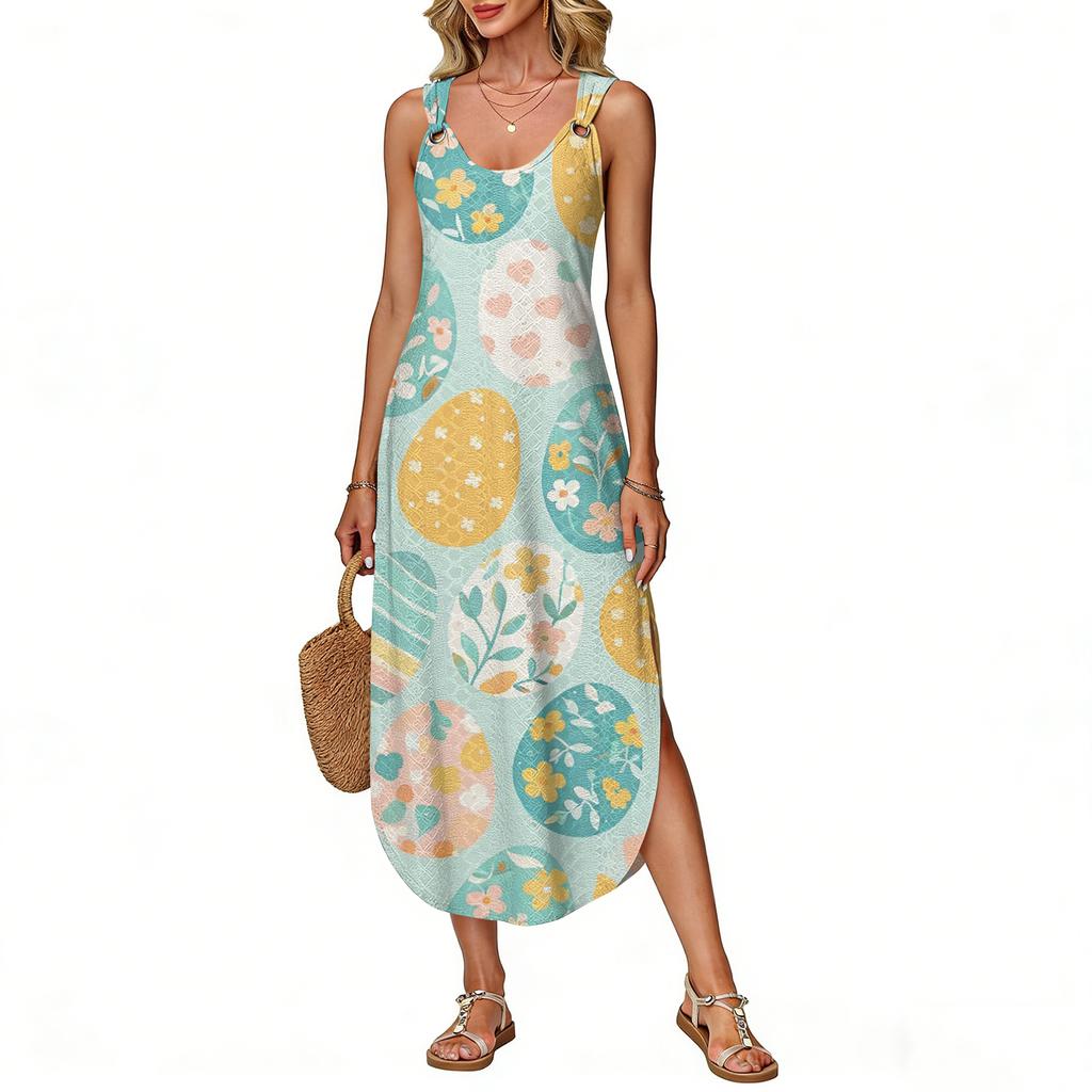 Women's Summer Long Dress, Sleeveless With Side Slit, Long Easter Printed Vest Dress