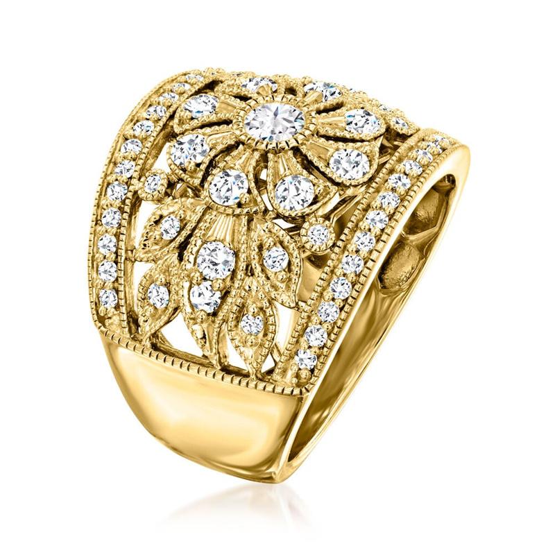 Gorgeous Golden Color Wide Flower Hollow Out Band Rings Female Finger Rings For Party Luxury Synthetic Cubic Zirconia Jewelry