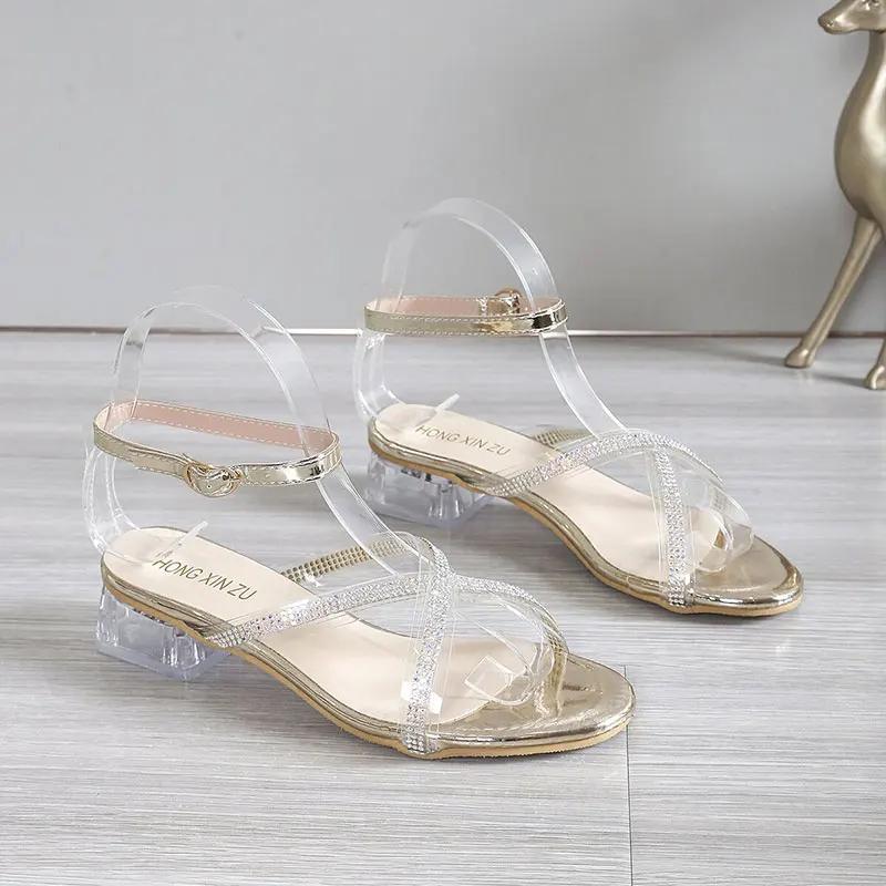 Fashion Shiny Crystal PVC Low Heel Sandals Women Gold Cross Band Ankle Buckle Sandals Summer Plus Size Light Square Heels Casual Sandals