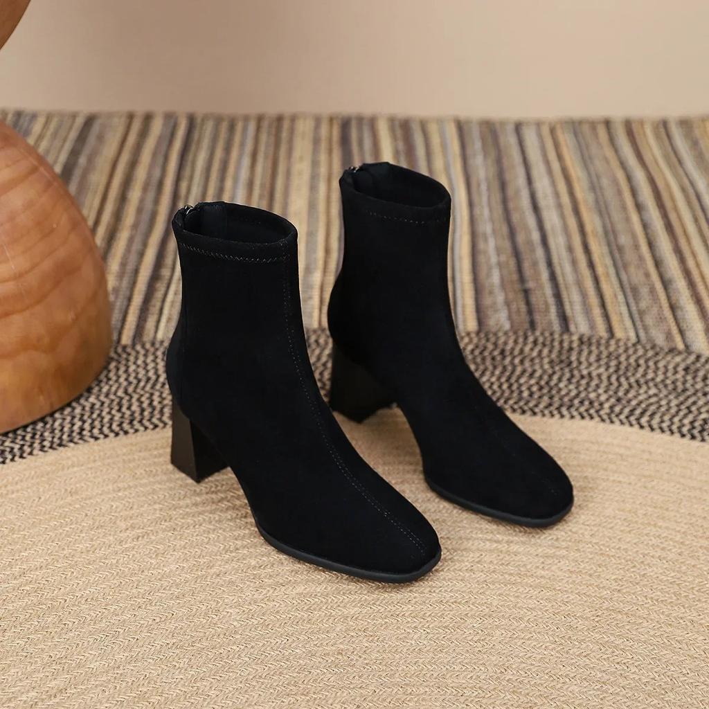 Fashion Women's Boots French Retro Comfort Faux Suede Short Boots Square Toe  Winter New Zipper High Heels Elastic Boots Botas Mujer