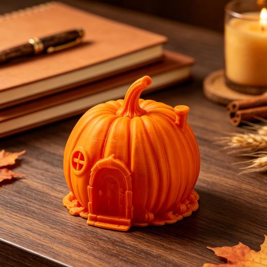 Retro Style Pumpkin Home Accents 3D Printed House Ornament for Halloween, Miniature Fairy Tale Cabin Creative Halloween Party Table Centerpiece