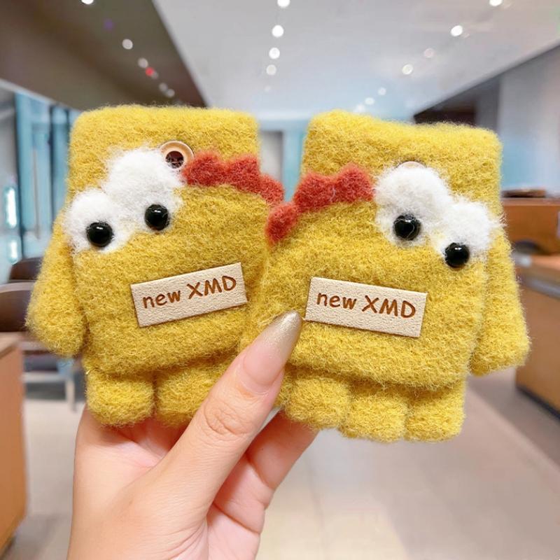 Cartoon Autumn Winter Gloves Cold Proof Windproof Baby Children Half Finger Flap Gloves Thickened Hand Warmer