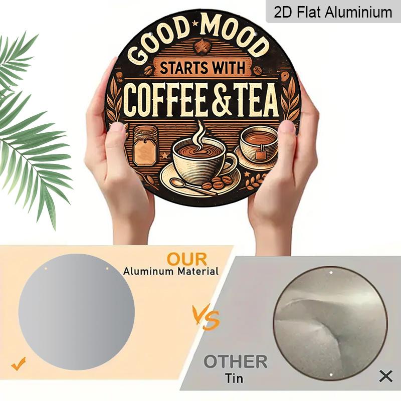 2D Flat, 1 pc Vintage Coffee & Tea Aluminum Sign - Good Mood Decorative Round Metal Plaque, Ideal for Coffee Enthusiasts, Retro Home & Outdoor Decor