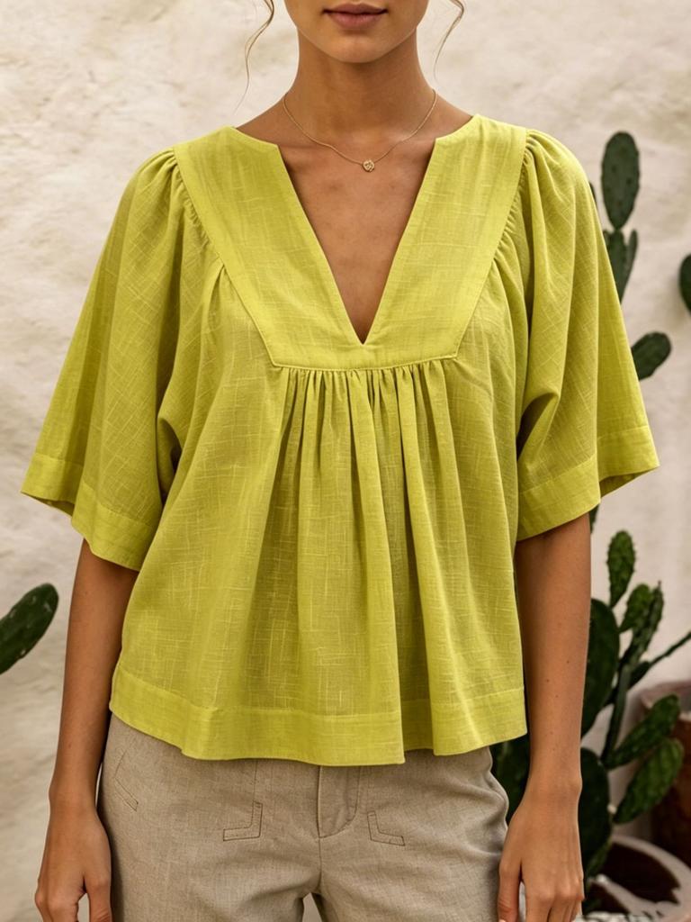 Women Casual Fashion Versatile V Neck Solid Color Shirt
