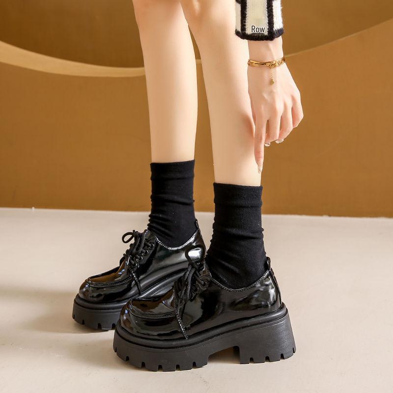 Women's Black Height-Boosting Retro Loafers - Thick Sole, British Style, 2025 Spring Collection