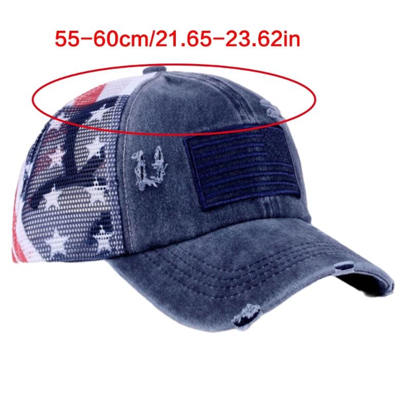 Distressed Wash Cotton Baseball Hat with Star Print Curved Brims Mesh Ponytail Sun Hat for Patriotic Women Teens Girl