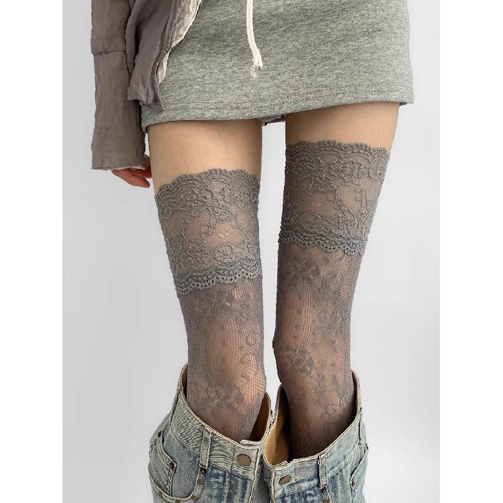 

Spring and Summer Sweet Girl Japanese Style jk White over-the-knee long socks with lace trim, sexy hollow-out ultra-thin Japanese style Average Size сірий колір