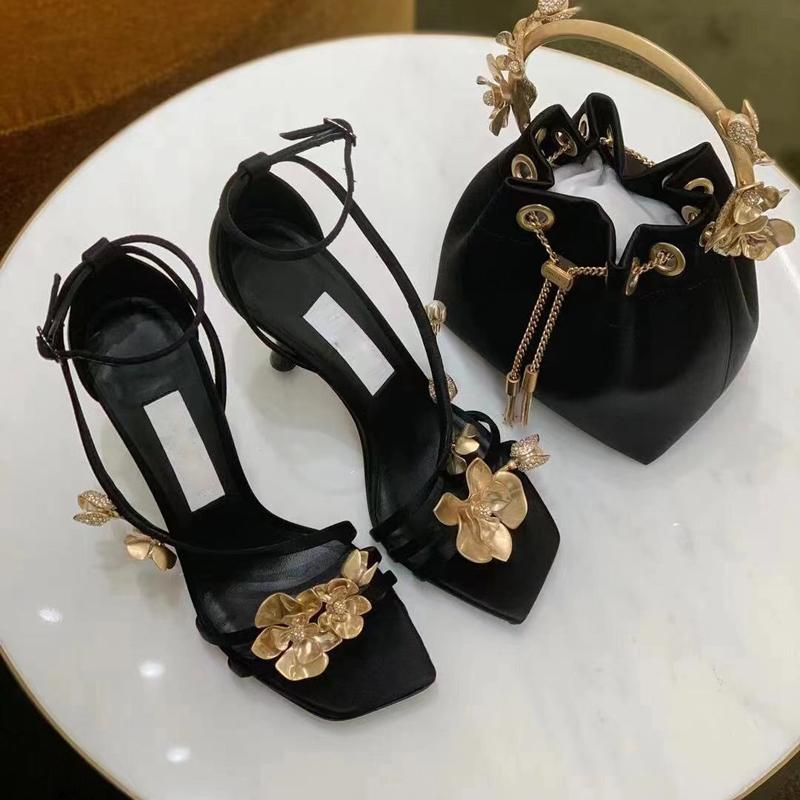 2025 Summer New Gold Flower Square Thin Heel Single Shoes With Sexy Open Toe Design Sense Women Sandals
