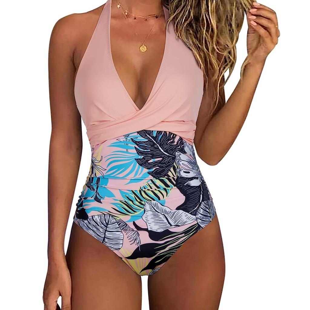 Swimsuit Women One Piece With Cross Color Block Polyester For Water Sports And Beach Relaxation