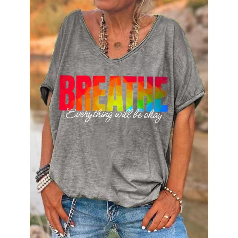 Ilstile Damen Atmungsaktive T-Shirts mit Buchstabenaufdruck Sommer Kurzarm Lässige Lockere V-Ausschnitt Tops T-Shirts Schwarz Blau NEU