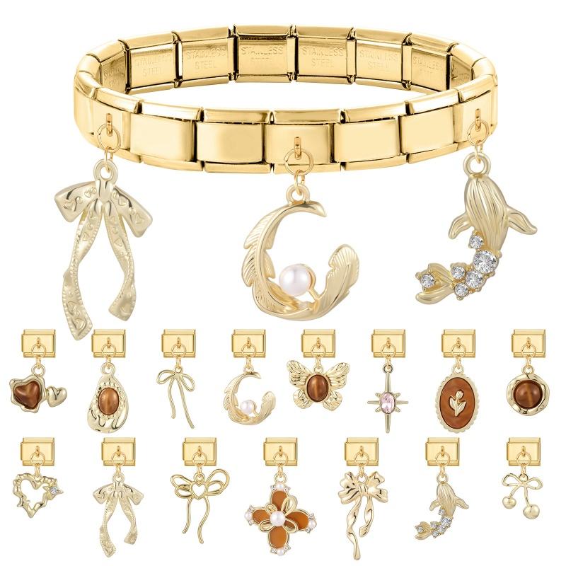 Zircon Star Moon Bow Knot Heart Gold Color Pendant Italian Charm Links Fit 9mm Stainless Steel Bracelet DIY Making for Men Women