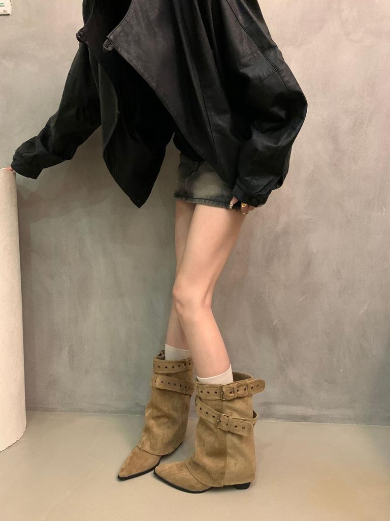 2025 Autumn and Winter New Pointed Rivet Western Boots Women's Knee Short Trouser Boots Belt Buckle Thick Heel Thin Boots