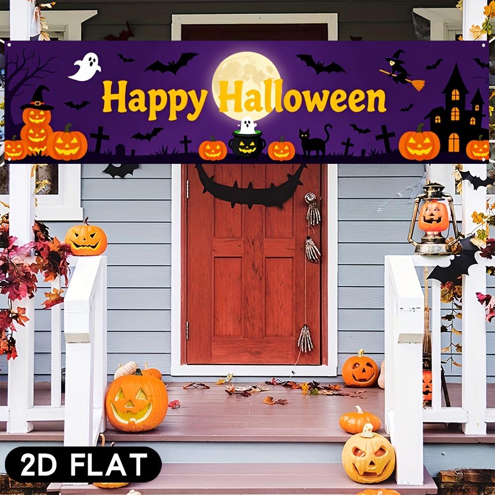 Happy Halloween Square Banner, Pumpkin Bat & Witch Design, Polyester Outdoor Fence House Wall Tailgate Decoration