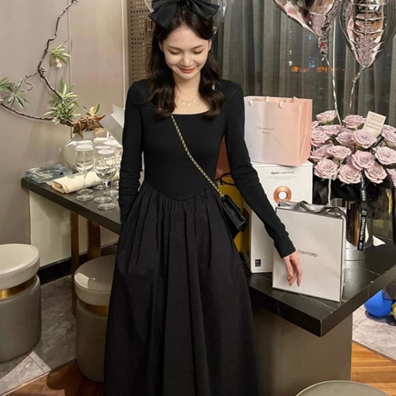Women's French Black Dress Long Sleeve Autumn Winter High-End Underskirt Maxi Dress
