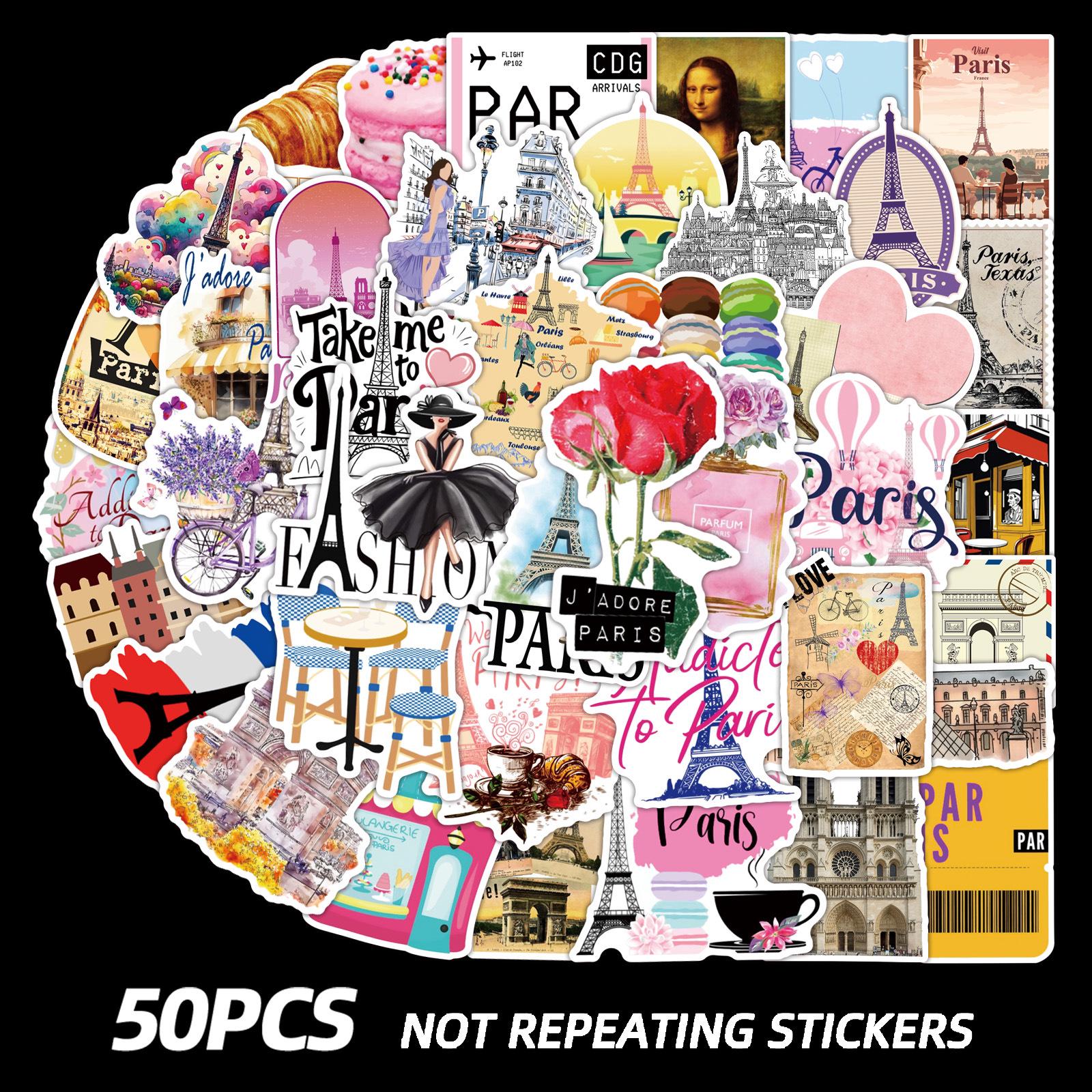 50 Waterproof Romantic Paris Graffiti Art Stickers for Phone, Guitar, Tablet, and Laptop 50 Unique Sheets