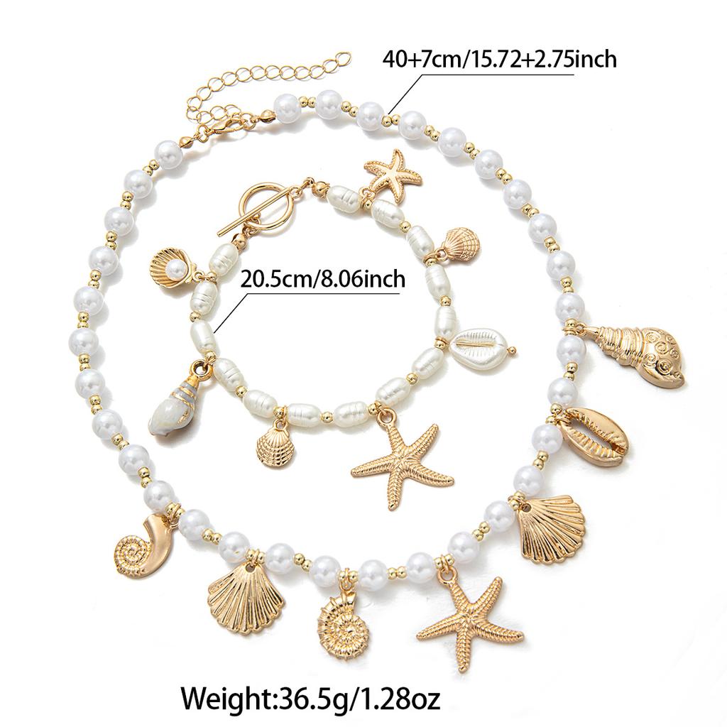 women‘sOcean-inspired Pearl, Shell & Starfish Necklace and Bracelet Set, Niche Vacation Style Clavicle Chain