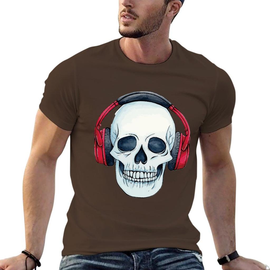 Neues Totenkopf mit Kopfhörern T-Shirt Sweatshirts schwarze T-Shirts niedliche Oberteile Herren Grafik-T-Shirts Hip Hop