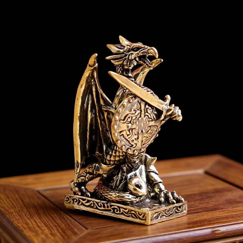 Brass Dragon Warrior Figurine Vintage Armor Sword Shield Desktop Decor Metal Craft Home Office Creative Ornament Interesting