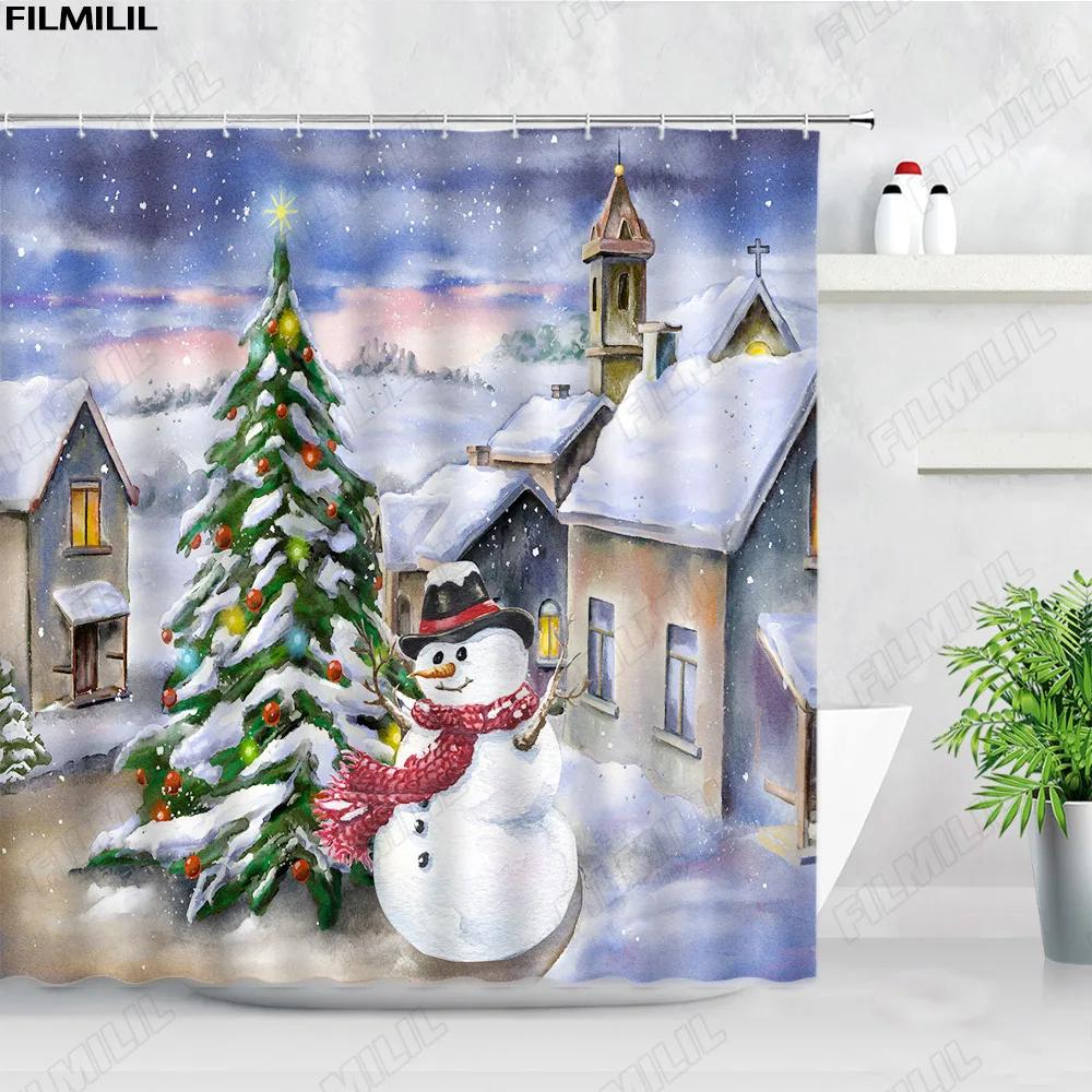 Retro olejomalba Vánoční sprchové závěsy Santa Claus Garland Xmas Tree Vintage krb Novoroční dekorace Sada koupelnových závěsů