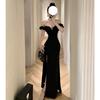 One-word Shoulder Dress Long Dress Women's Spring Ruffle Edge Temperament Socialite High Split Evening Dress Dress