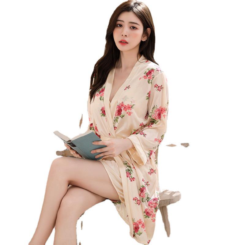 Women's Summer Long-Sleeve Ice Silk Nightgown with Lace