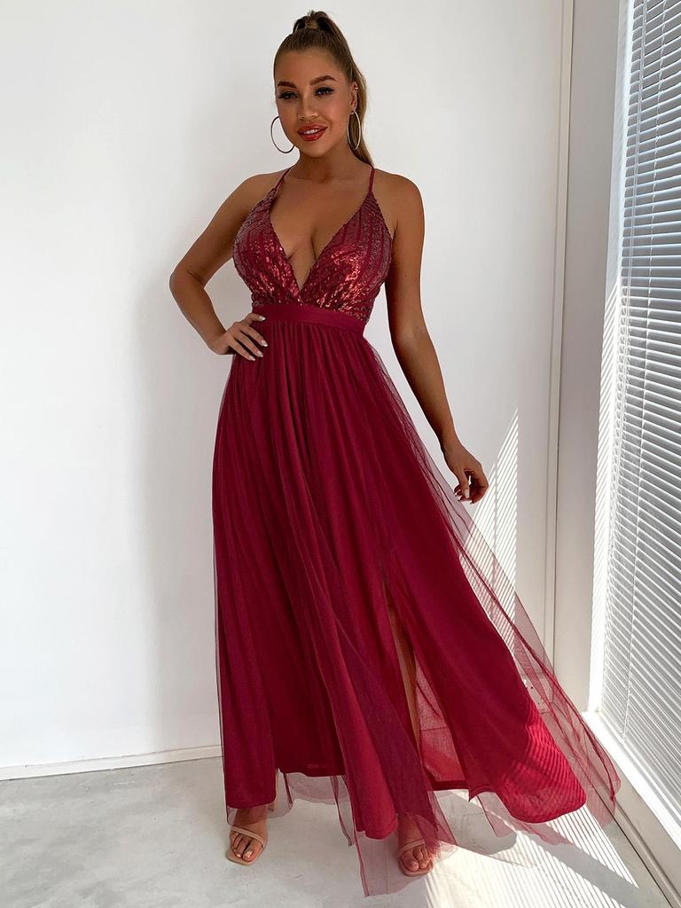 2022 Summer European & American Women's Sequin Mesh Spaghetti Strap Slit Dress