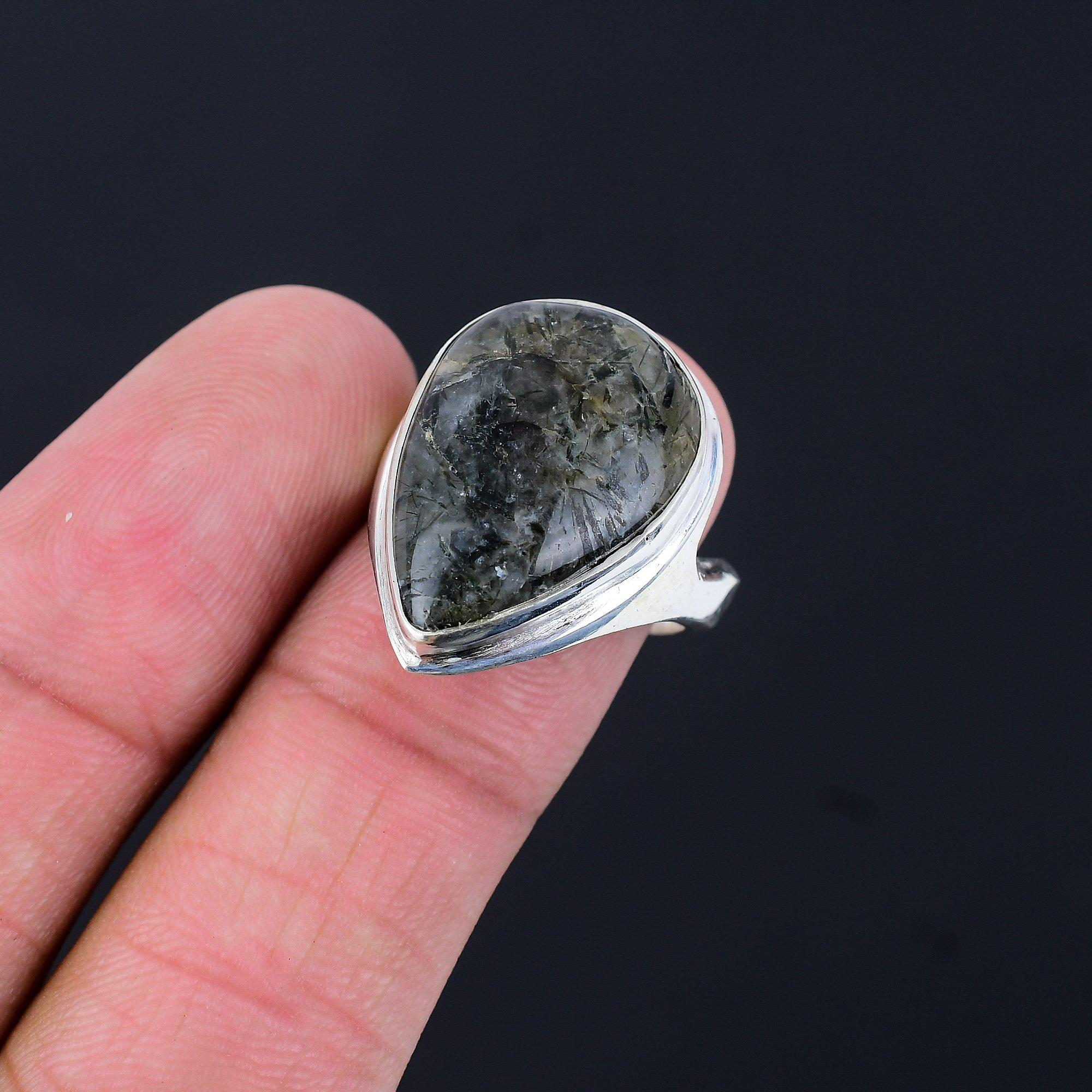 Pear Black Rutile Stone 925 Silver Daughter Boho Promise Statement Ring Size 8.5 8.5