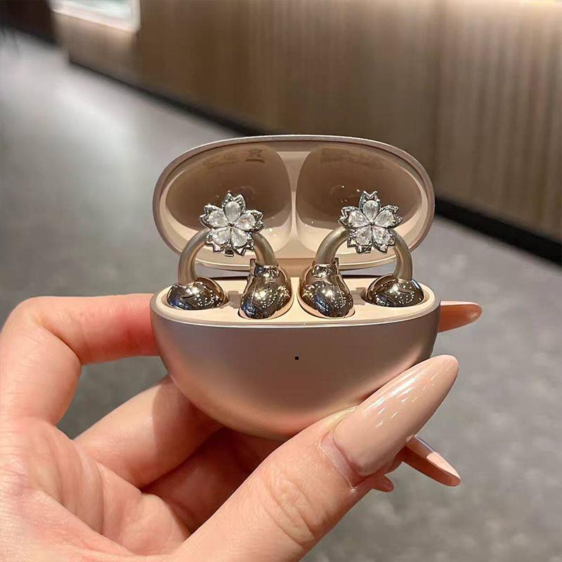 Flower Blossom Rotating Ear Clip Earrings For Earphone Non Pierced Women Shining Jewelry For Party And Office Style