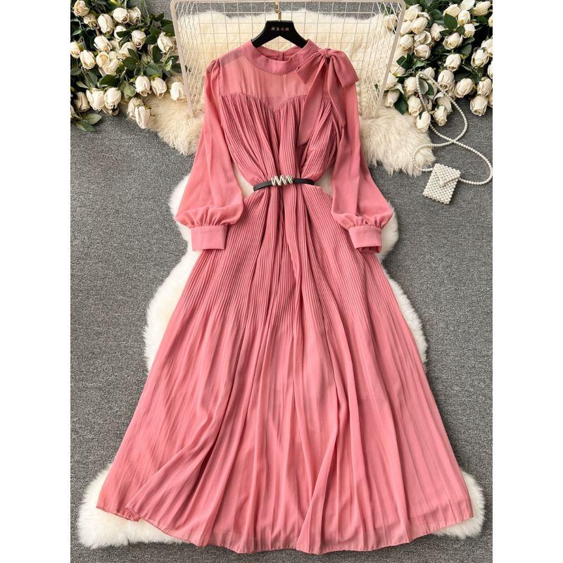 Early Spring Dress Women's 2024 New Arrival Sweet Bows Heavy-Duty Pleated Chiffon Dress Puff Sleeves Vacation Skirt