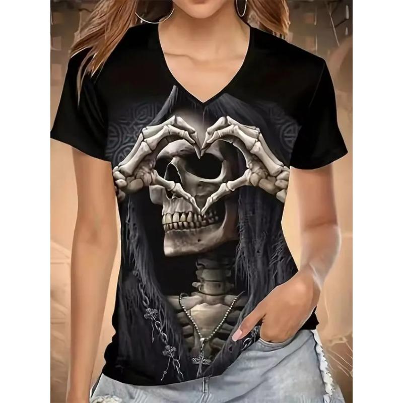Summer V-neck 3D Skull Heart Graphic Printed Top Fashionable Casual Short Sleeved Women's T-shirts