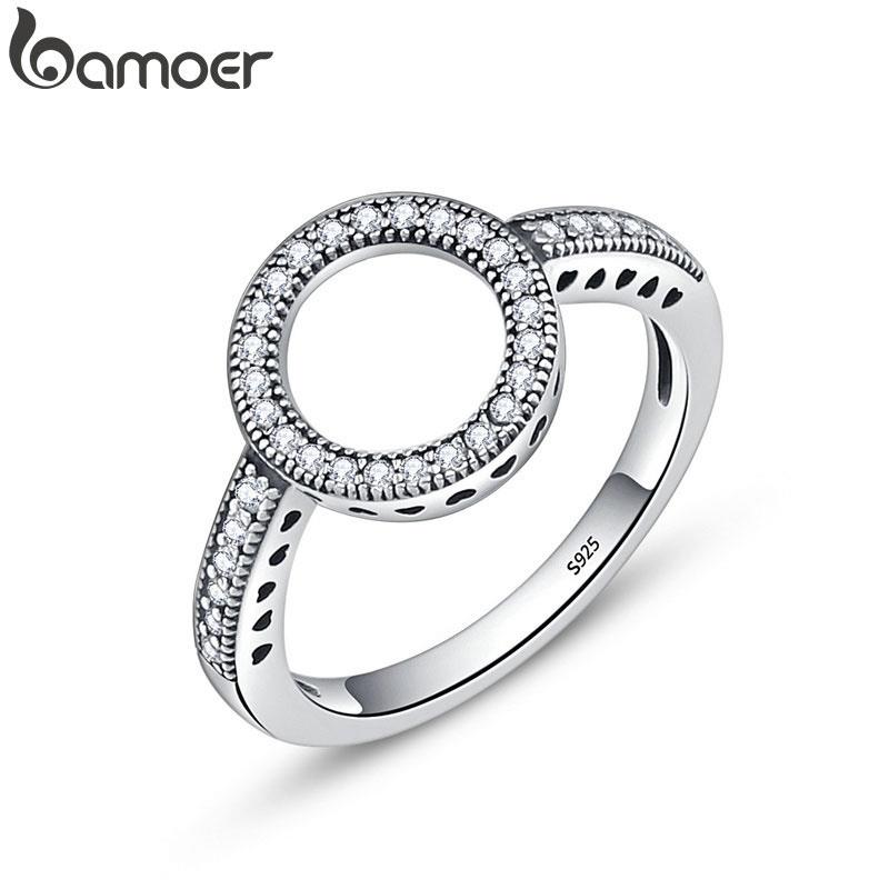 BAMOER 100% Genuine 925 Silver Forever Clear CZ Circle Round Finger Rings for Women Jewelry Christmas Gift SCR041