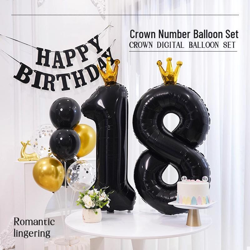 40-Inch Black Crown Number Balloons - Birthday Photo Props & Party Decor