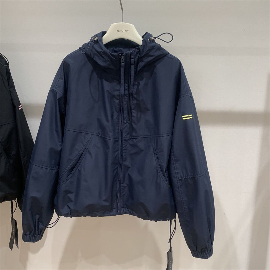 Women Casual Hooded Windbreaker Short Jacket Spring Loose Fit Double Zipper Letter Print