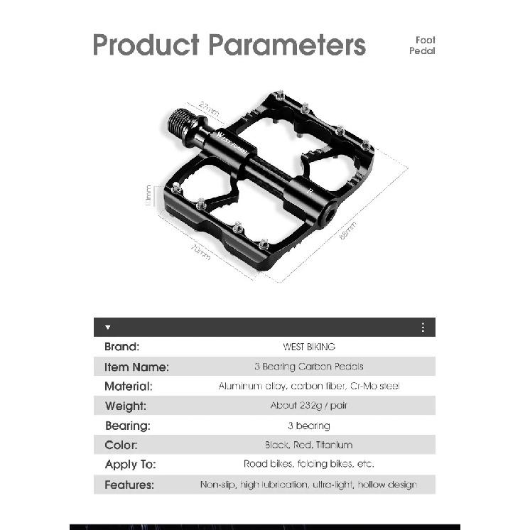 WEST BIKING 3 Bearings Bike Pedals Carbon Fiber Tube Ultralight Aluminum Widen Flat Pedal Anti-slip MTB Road Bike Pedals