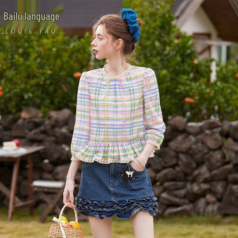 Women s Ruffle Lace Trim Plaid Round Neck Blouse S