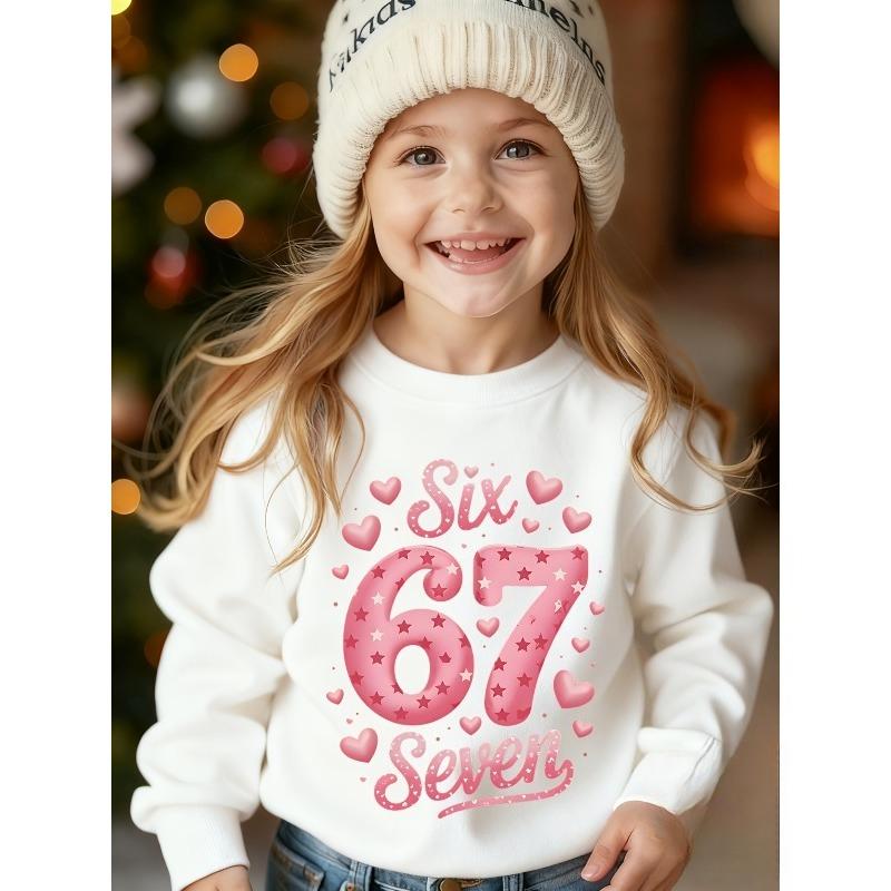 Kids Unisex Crewneck Sweatshirt, Pink Star Heart 67 Six Seven Cute Girly Graphic Long Sleeve Pullover, Soft Fleece Sweatshirts for Boys Girls Ages 4+