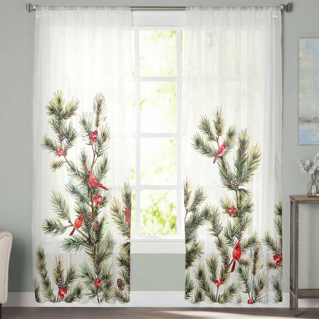 Christmas Pine Needle Jam Curtains For Living Room Bedroom Home Decoration Window Voile Tulle Curtain Drapes