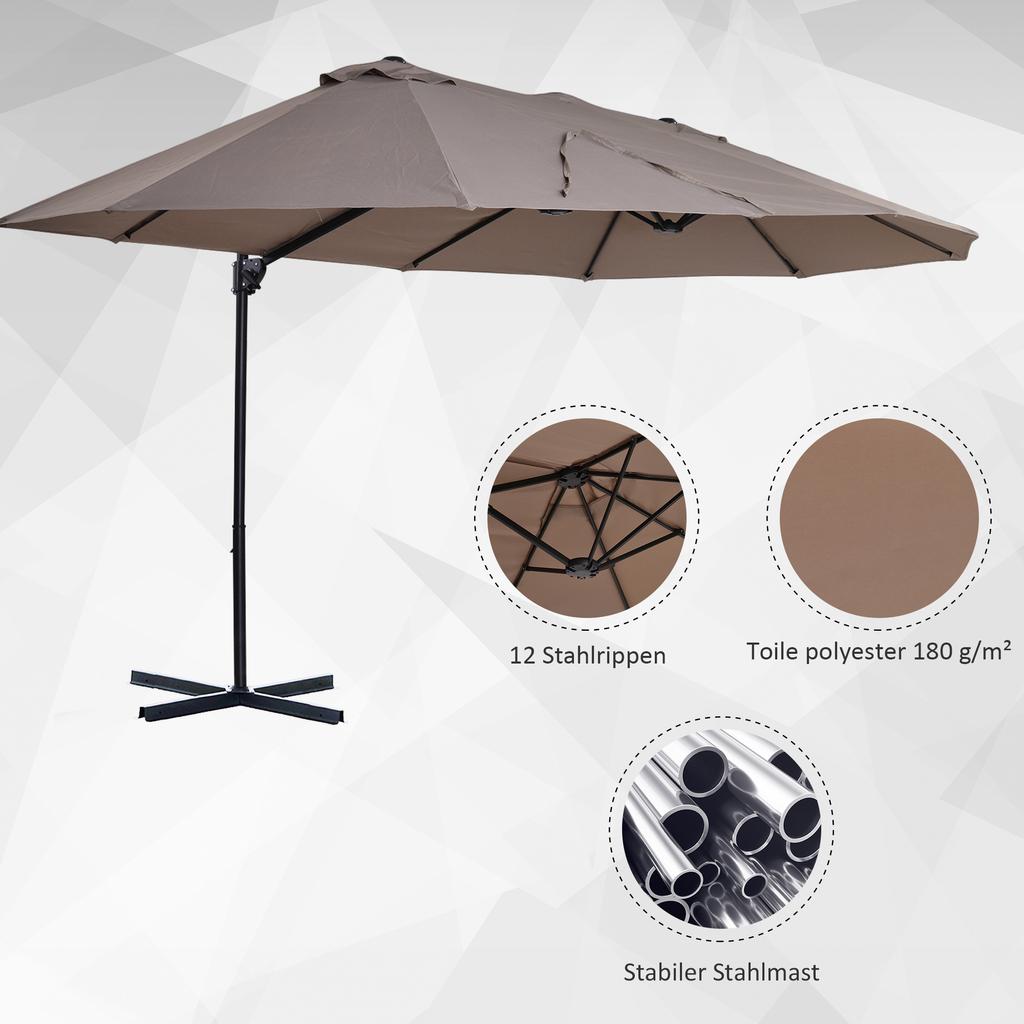 Oval Parasol, Double Brown Parasol, 445x260cm, Cantilever Parasol with Crank, Parasol Stand, Garden and Market Parasol for Garden