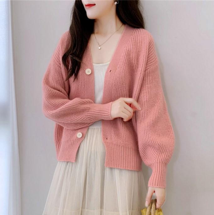 Women's Trendy V-Neck Knit Cardigan: Spring & Autumn Long Sleeve Loose Sweater in Candy Colors
