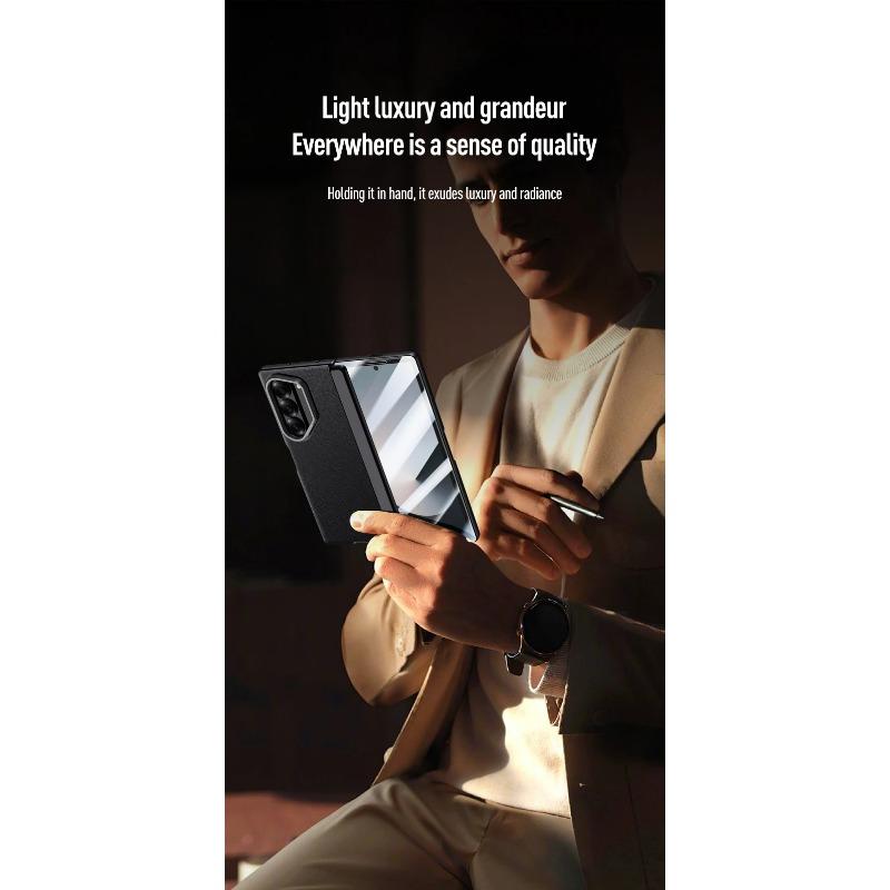 For Samsung Galaxy Z Fold 6 Case Shockproof Skin Feel PU Leather Hinge Folding Metal Lens Stand Cover with HD Tempered Glass