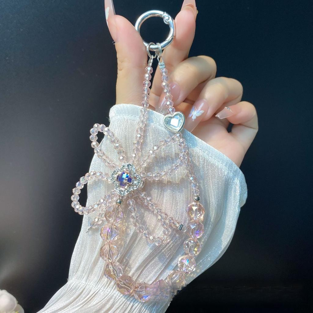 Four-leaf Clover Inlaid Zircon Phone Chain Flower Ball Crystal Bead Creative Bowknot Hanging Chain Car Keychain Jewelry for Women