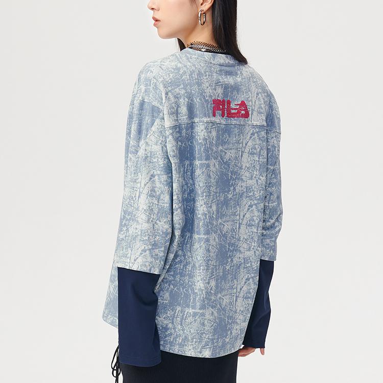 FILA Fusion Fake Two-Piece Tie-Dye Long Sleeve T-Shirt Couple Style Blurred Memory Unisex Tops T11U146204F-WT