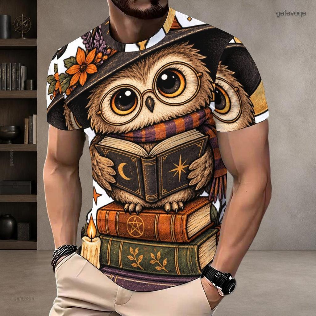 Men Plus Size Round Neck Short Sleeve T Shirt Printed Cute Cartoon Raccoon Witch Pattern