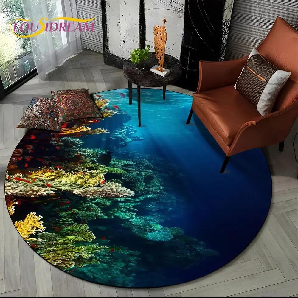 Unterwasserwelt Runder Bereichsteppich–Delfin & Schildkröte Ozean Teppich für Wohnzimmer oder Schlafzimmer–Rutschfeste Bodenmatte, Kinder Spielzimmer Deko