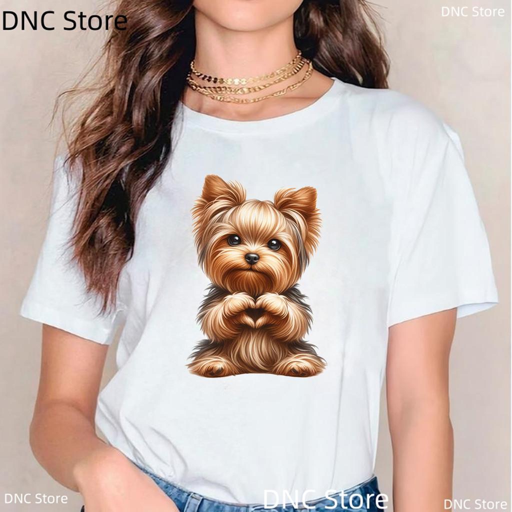 Funny Chien Yorkshire Terrier Print T Shirt Women Fashion Harajuku Kawaii Clothes Dog Pet T-Shirt Femme White Shirt Tops