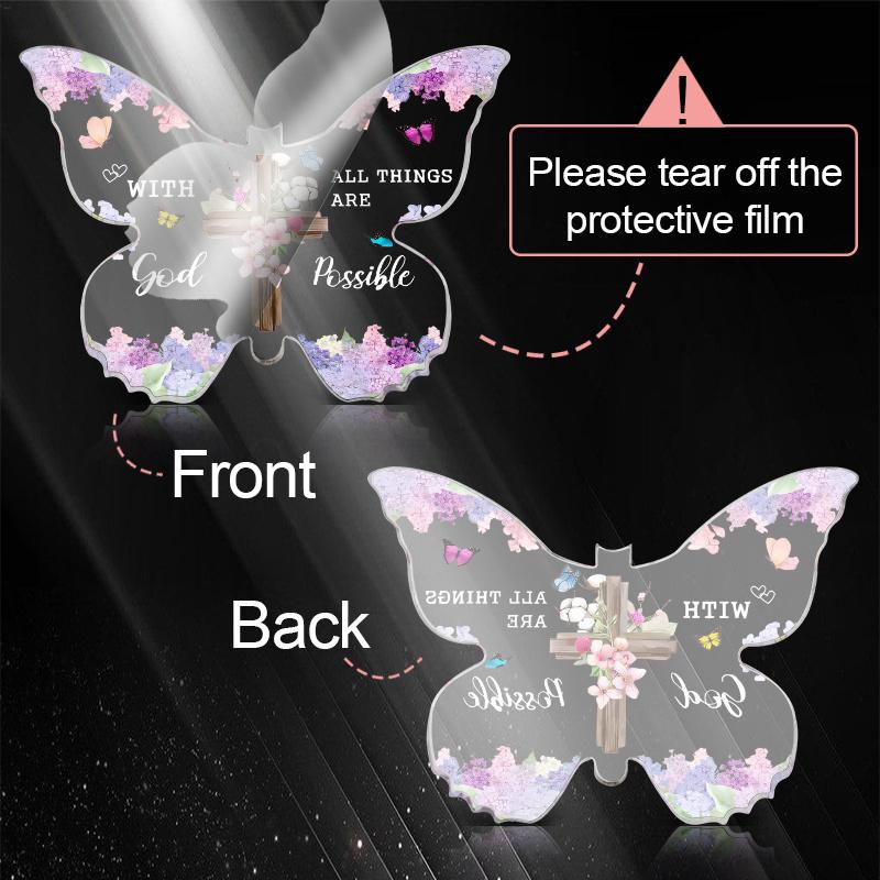 Vintage Acrylic Sign, 1pc Inspirational Acrylic Butterfly Cross with Bible Verses - 'with God All Things Are Possible' Christian Keepsake Decor