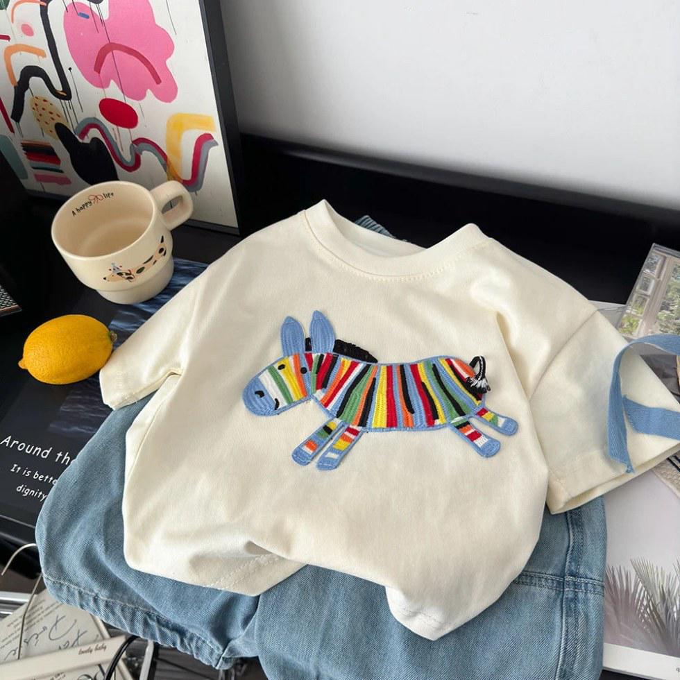T-shirt Estiva Unisex Stile Coreano Ricamo 3D Cartone Animato - Top in Cotone a Maniche Corte Genitore-Figlio