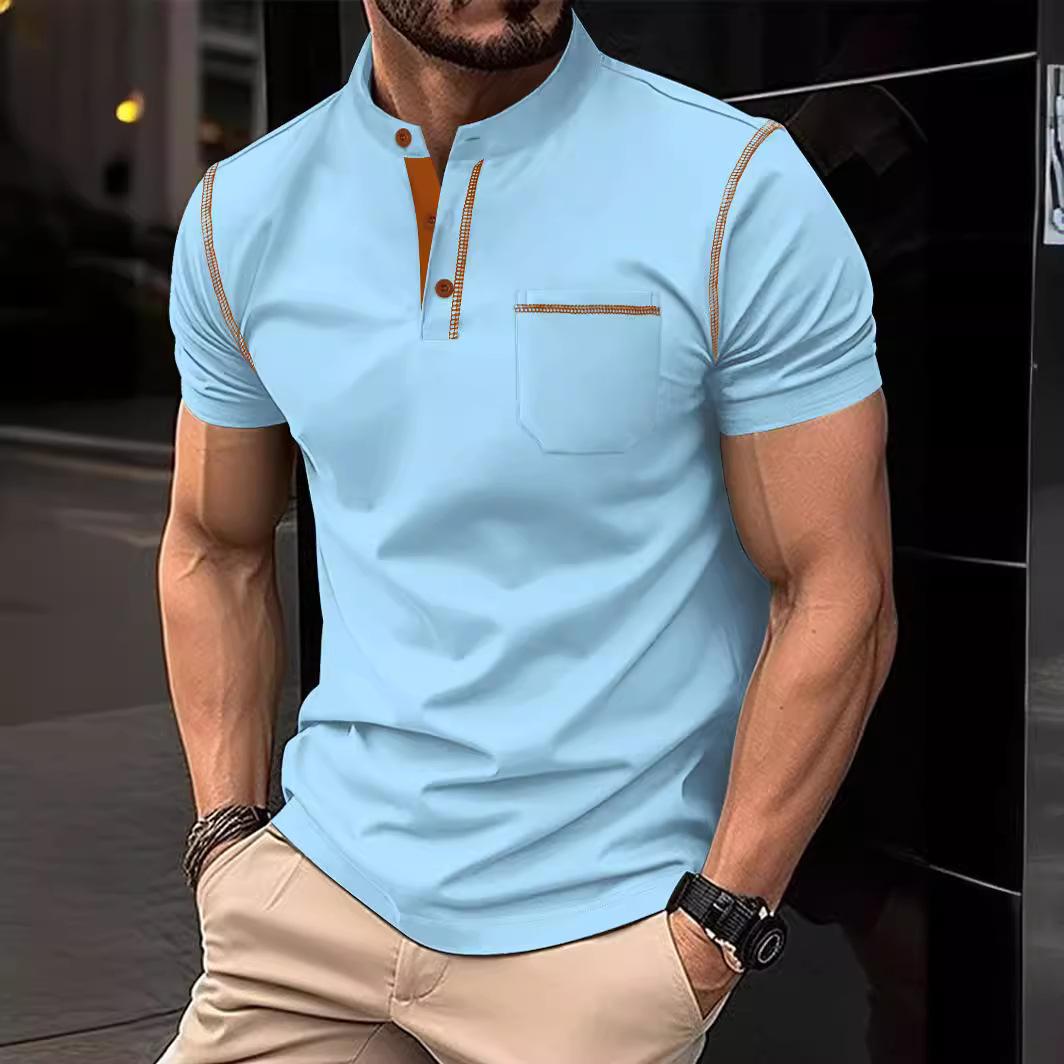 

Летняя мужская рубашка поло на пуговицах, однотонная, с коротким рукавом, лацканами, горизонтальными полосками, повседневные облегающие топы, мужская одежда XXXL синий